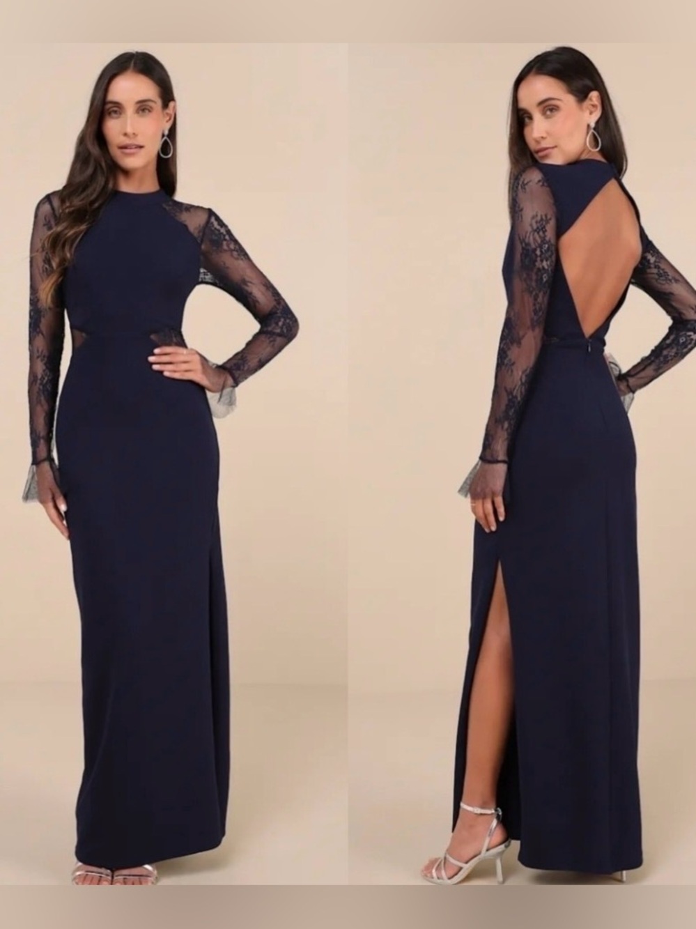 LULU’S Bragging Rights Navy Lace Long Sleeve Column Maxi Dress